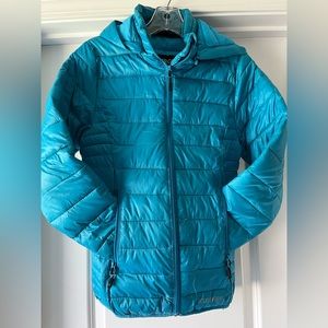 Girls Large Teal Boulder Gear puffer jacket with detached hood.